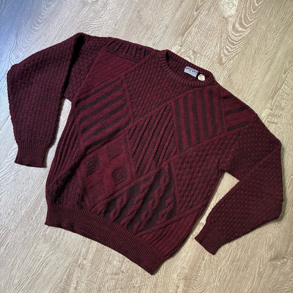 Vintage 90s Cenura Italian Textured Knit Sweater Large Burgundy Made in Italy 3D